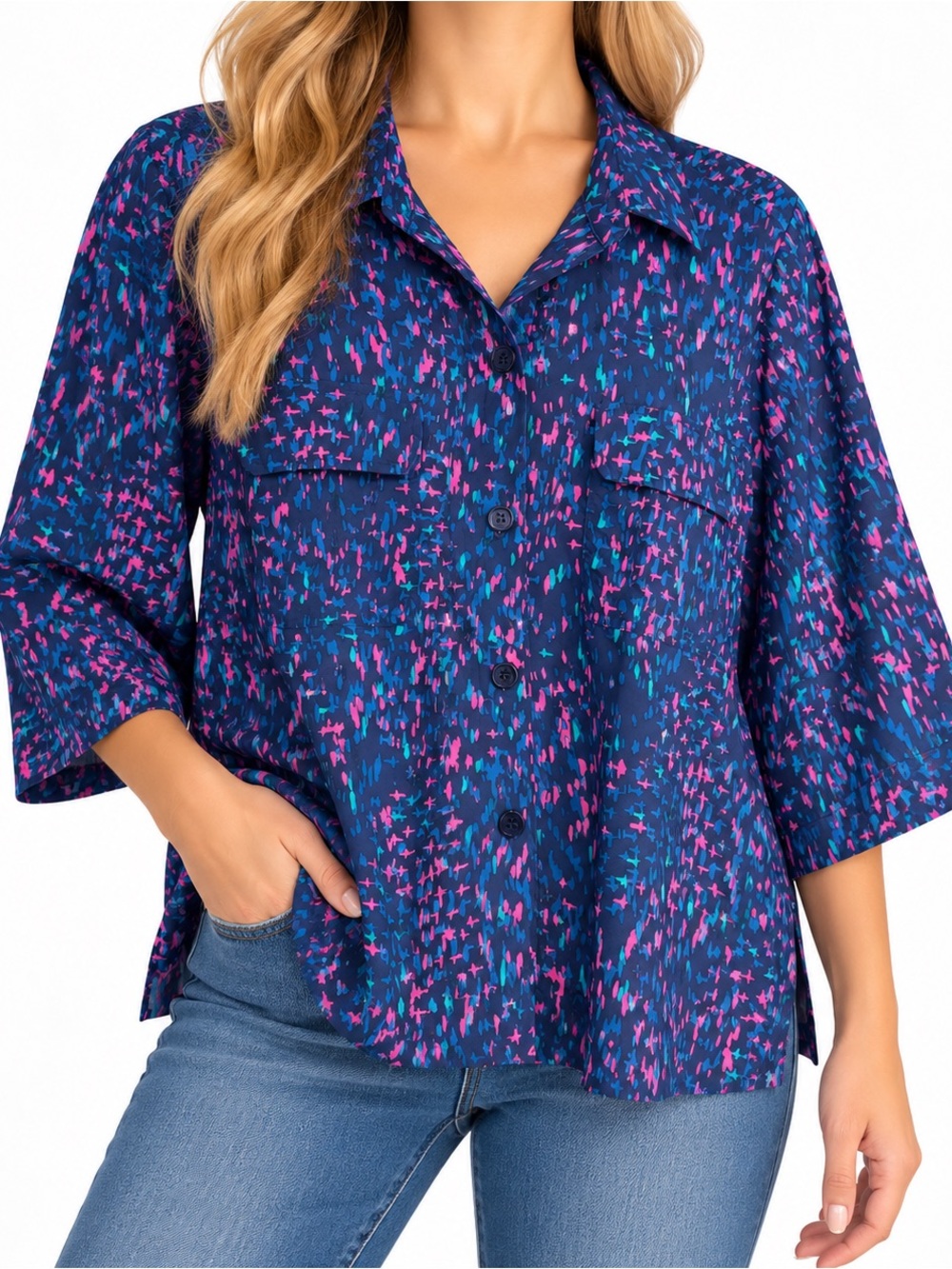 NEW NWT Chicos Sz Large 2 Blue Pink Utility Shirt Blouse Top Tropical Summer